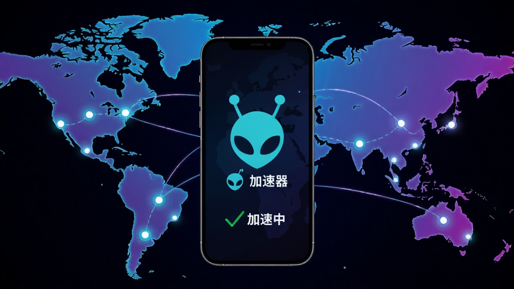 世界地图背景上分布多个发光节点,线路连接至手机屏幕,手机屏幕显示游戏加速中状态,画面主体为外星仔加速器Logo悬浮在地图中央,色彩以蓝紫色渐变为主,科技感十足。