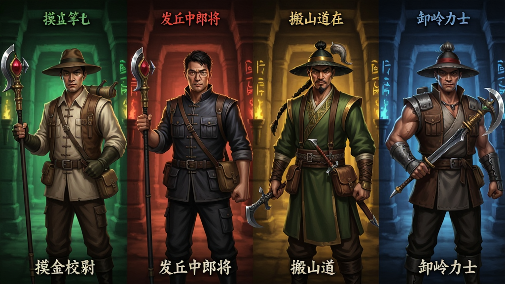 《新盗墓笔记》四大职业角色立绘展示图,从左到右依次是摸金校尉、发丘中郎将、搬山道人、卸岭力士,每个角色穿着对应风格的服饰,手持特色武器,背景为不同颜色的古墓场景,画风写实细腻,色彩鲜明