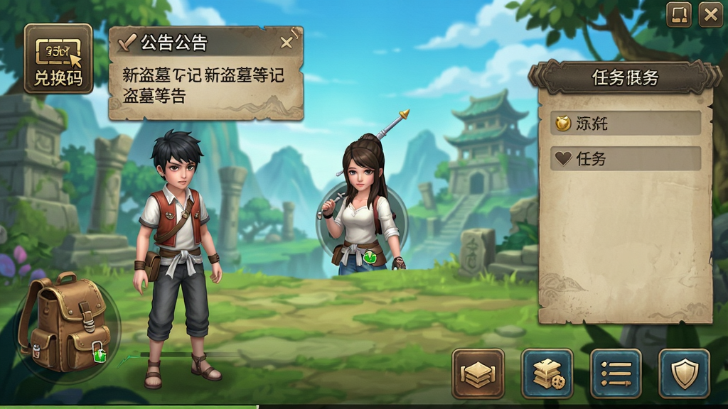 《新盗墓笔记》游戏内主界面截图,显示角色等级、背包、任务面板以及底部功能按钮,界面UI设计具有古风质感,左上角有“兑换码”入口图标,旁边有公告弹窗,整体色彩明亮清晰