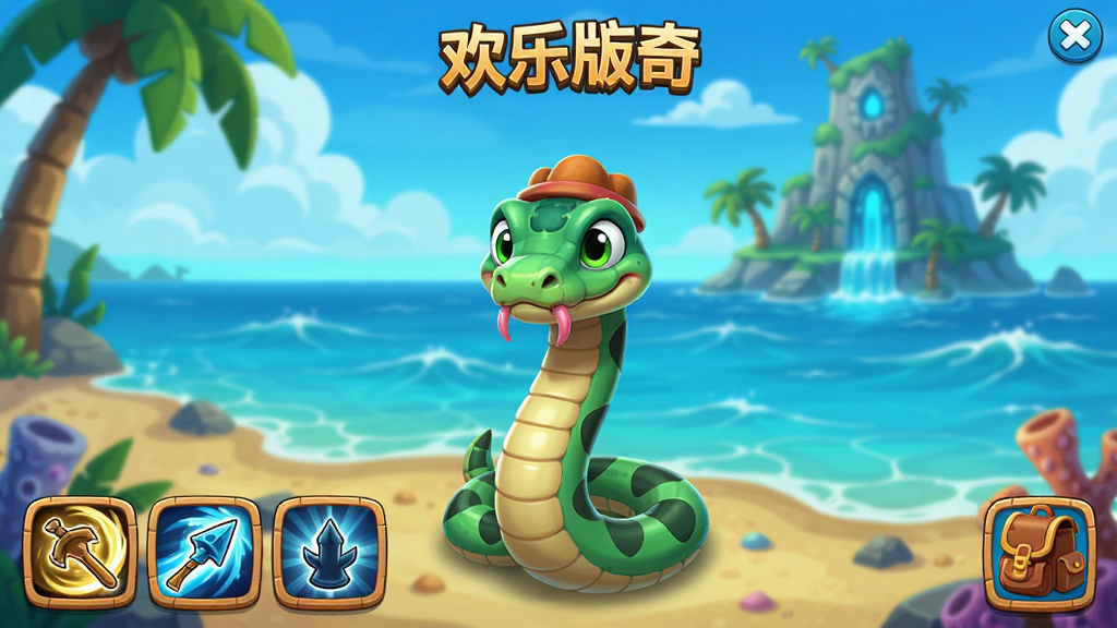 海蛇传奇(欢乐版)游戏主界面预览,展示角色站立在海边,背后是蔚蓝大海和神秘岛屿,画面色彩鲜艳,卡通风格,UI布局清晰,有技能栏和背包图标。Boogu模型生成高质量游戏截图。