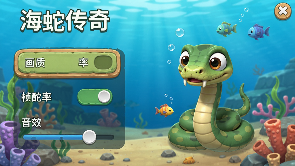 海蛇传奇(欢乐版)游戏设置界面,显示画质选项、帧率开关、音效调节等,界面风格简洁,选项清晰。Boogu模型生成。