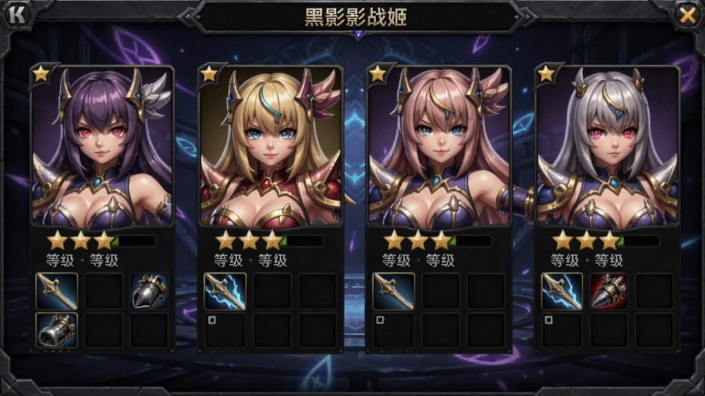 暗影战姬角色养成界面,展示多个战姬角色立绘,每个角色下方有星级、等级、装备栏,界面采用暗色金属质感边框,背景有微光特效,角色细节清晰,色彩鲜艳,适合Boogu模型生成。