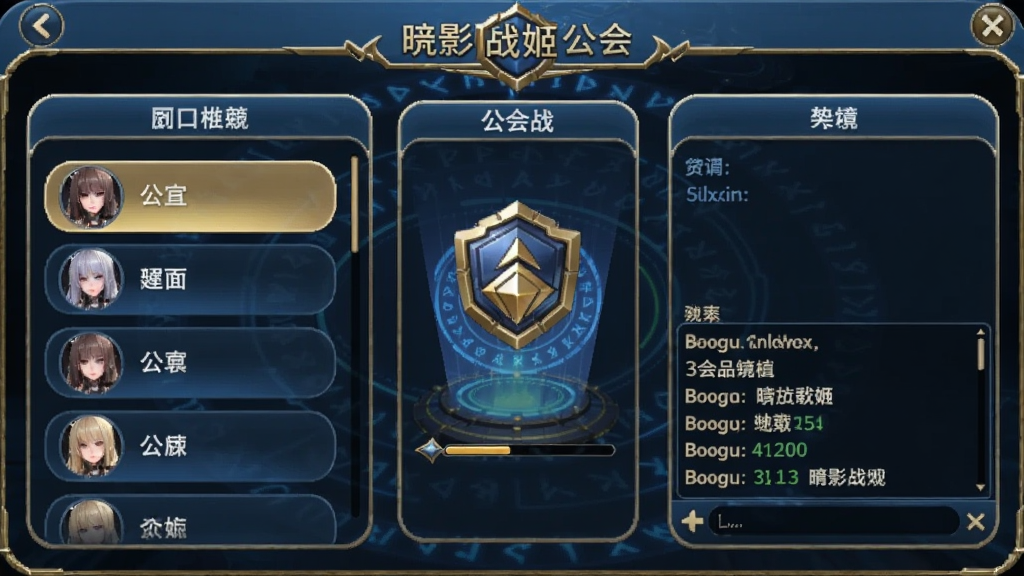 暗影战姬公会界面,显示公会成员列表、公会战入口、聊天窗口,界面采用圆角设计,色调为蓝金色,整体科技感与玄幻风格结合,适合Boogu模型生成。