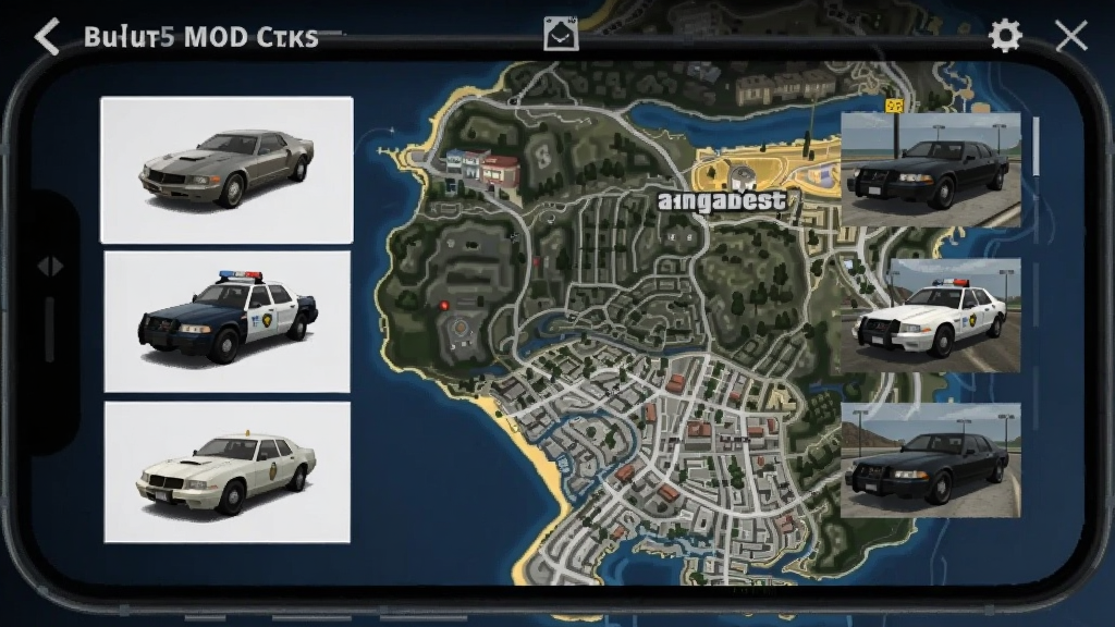 圣安地列斯仿GTA5 MOD合集界面:游戏内模组商店展示,左侧有豪车、警察、美化三个分类,右侧显示预览图,背景是洛圣都地图,界面简洁现代,适配手机横屏。