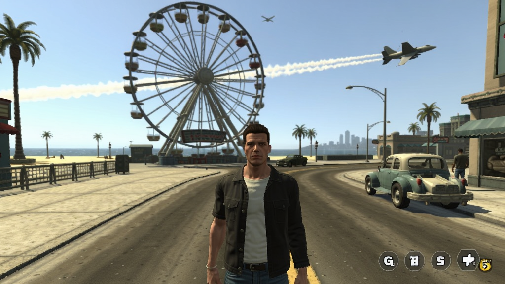 圣安地列斯仿GTA5 游戏主界面展示,画面采用GTA5风格渲染,主角站在洛圣都街头,背后是标志性的摩天轮与阳光海滩,远处有喷气飞机拉烟,整体色调明亮,细节丰富,适配Boogu模型生成。