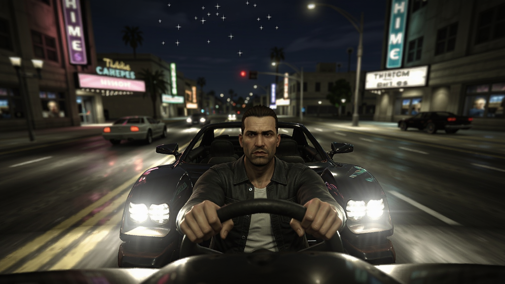 圣安地列斯仿GTA5 高清画质预览:主角驾驶跑车在洛圣都夜晚街道飞驰,车灯照亮柏油路面,两侧霓虹灯牌闪烁,天空有星星,画面带有电影级景深效果,人物面部细节清晰可见。
