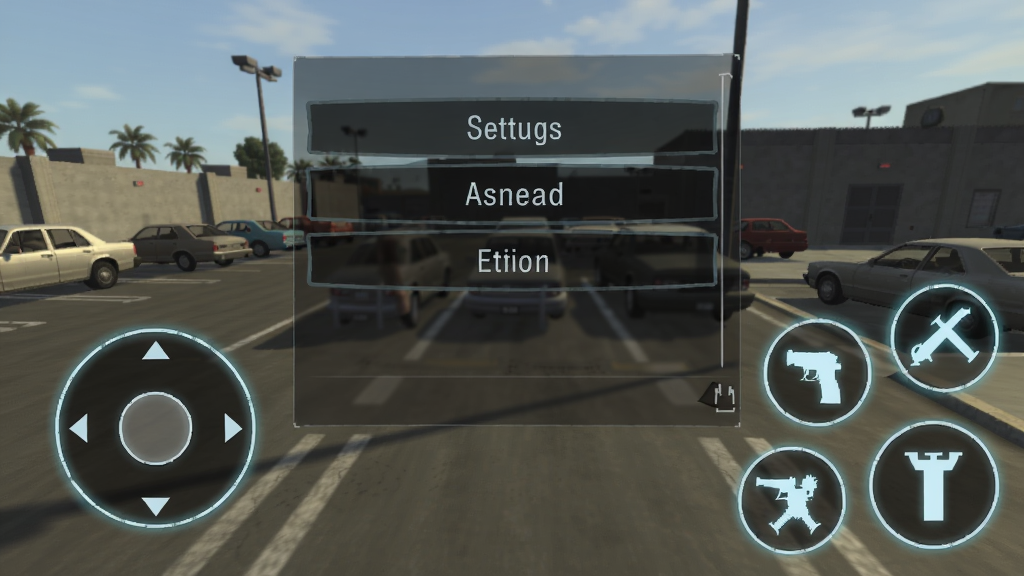 圣安地列斯仿GTA5 触控设置界面:玩家正在调整左侧摇杆大小,右侧射击、换弹、跳跃按钮布局清晰,背景是游戏内停车场,界面有半透明设置面板,按钮有发光边缘。