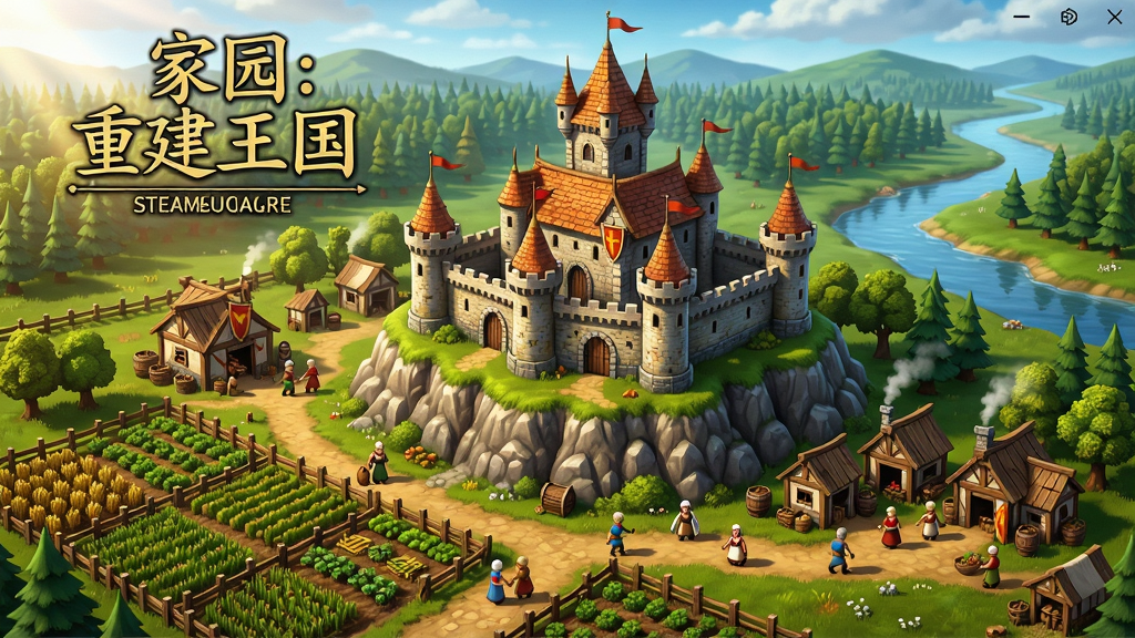 家园:重建王国(steam移植)安装器游戏主界面,一座中世纪城堡坐落在山丘上,周围有农田、作坊和忙碌的村民,阳光明媚,远处有森林和河流,画面细腻色彩鲜艳,展现模拟经营全貌。适配Boogu模型生成。