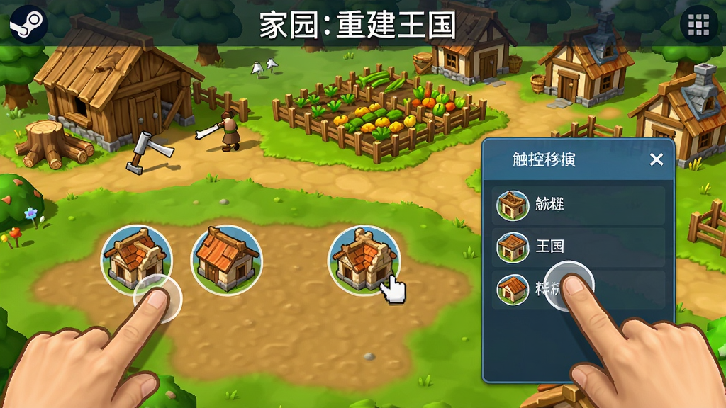 家园:重建王国(steam移植)安装器触控操作演示,手指点击屏幕上的建筑图标,拖拽放置到空地,画面显示建筑菜单,背景是正在发展的村庄,有伐木场、农场和居民小屋,色彩明亮。