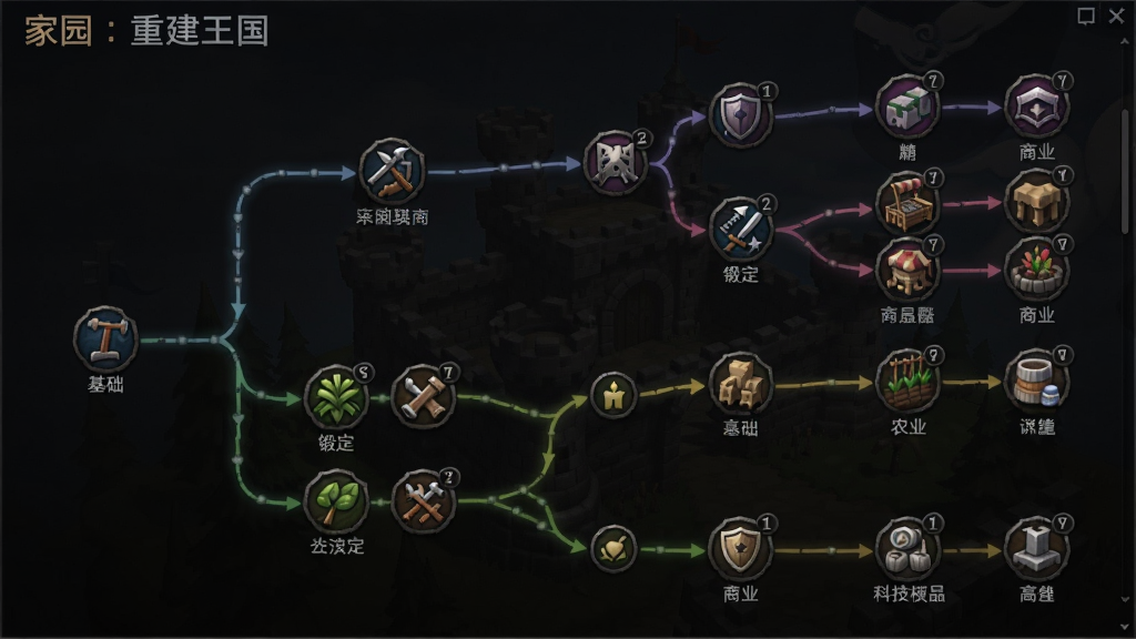 家园:重建王国(steam移植)安装器科技树界面截图,树枝状图标展示从基础到高级的解锁路线,有锻造、农业、商业等分支,背景暗色,图标精致。