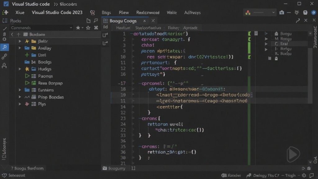 Visual Studio Code 2023中文版主界面,左侧文件列表、右侧代码编辑区带语法高亮,顶部分组标签,深色主题,背景干净,适合Boogu模型生成