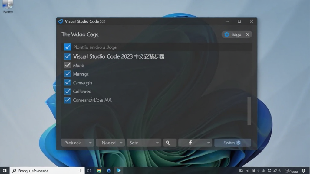 Visual Studio Code 2023中文版安装步骤第二步,选择附加任务界面,三个复选框被勾选,背景窗口清晰,适合Boogu模型生成