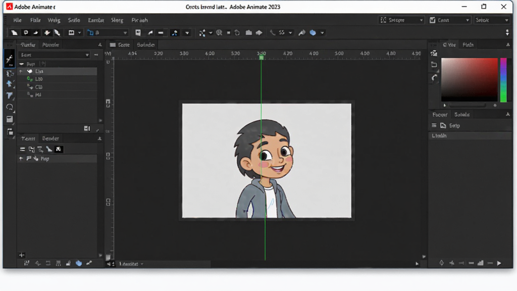 展示Adobe Animate 2023中文版软件界面全貌,主窗口包含时间轴、工具面板、舞台画布,背景为深色设计工作区,突出矢量绘图和逐帧动画创作场景。