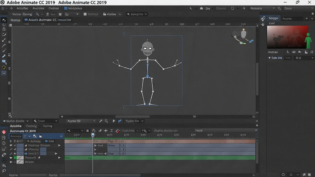 Adobe Animate CC 2019免费版主界面,矢量绘图工具和时间轴面板清晰可见,背景为深色工作区,展示骨骼动画角色。