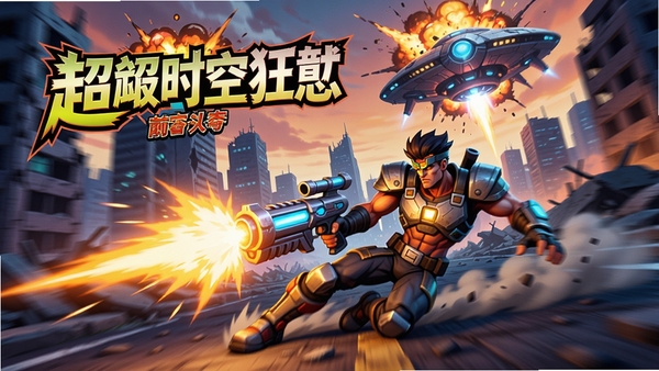 超时空狂怒游戏主界面,战士手持能量枪在废墟城市中滑铲射击,背景是外星飞船爆炸,色彩鲜艳饱和,动态模糊特效