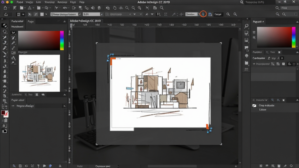 Adobe InDesign CC 2019简体中文版,展示其专业排版界面,包含工具栏、页面面板和设计工作区,背景为深色办公环境,突出软件功能