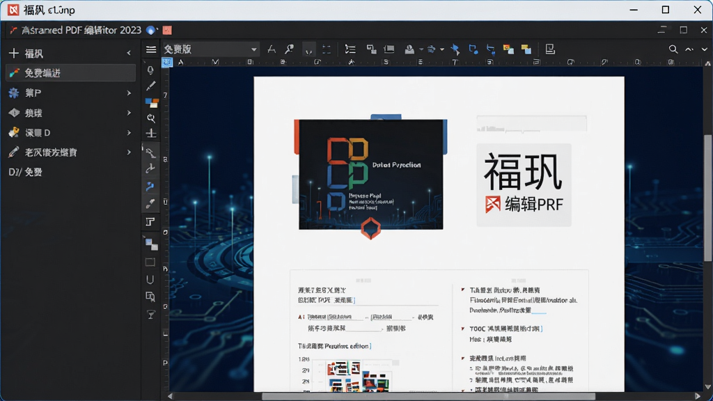 福昕高级PDF编辑器2023免费版主界面,左侧工具栏,右侧文档编辑区,背景为深蓝色科技风格