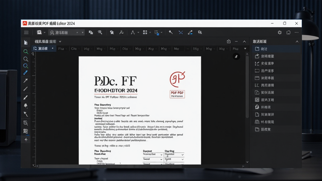 福昕高级PDF编辑器2024激活版最新版本的主界面截图,展示PDF编辑工具栏、文档预览区和批量处理功能面板,背景为深蓝色高级办公风格