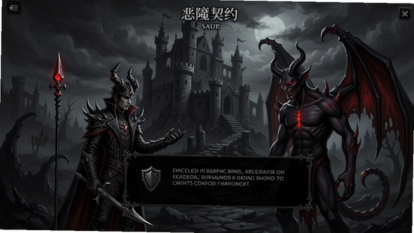 恶魔契约 游戏主界面 黑暗风格 主角与恶魔对话 背景是荒废城堡