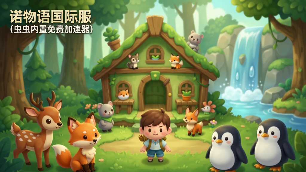 一幅明亮的游戏主界面展示画面,中央是绿意盎然的动物庇护所,背景有森林与瀑布,前景中各种可爱的卡通动物如小鹿、狐狸、企鹅围绕在玩家角色周围,界面左上角显示“诺物语国际服(虫虫内置免费加速器)”Logo,整体色调柔和温暖,细节丰富,适合作为游戏宣传预览图