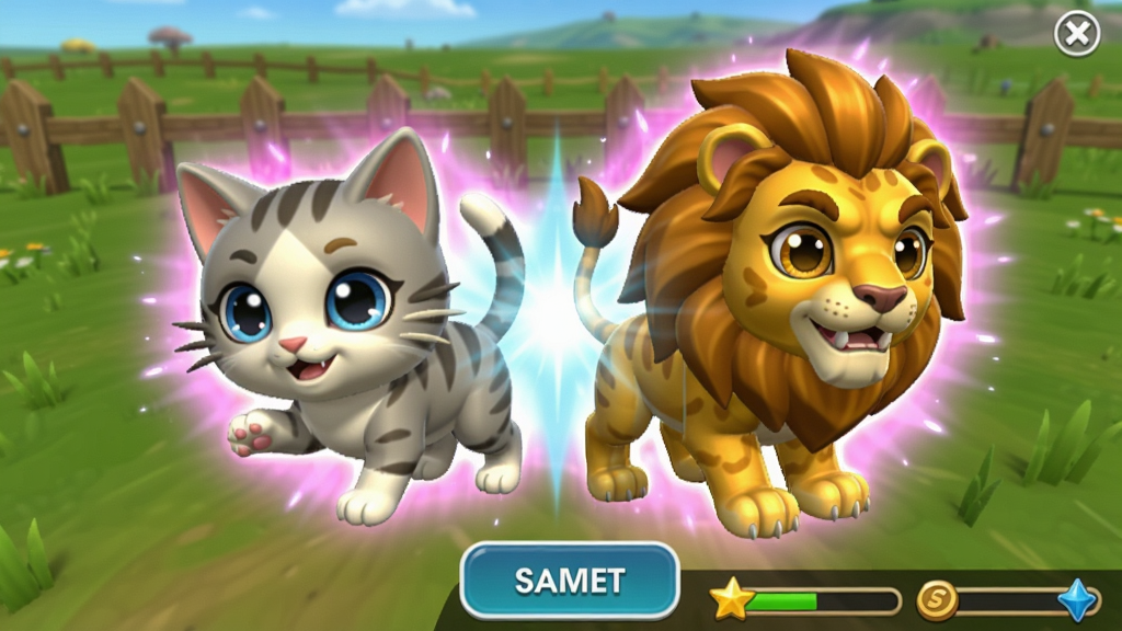一张游戏内合并动画的截图,两只可爱的小猫在光效中合并成一只金色的狮子,背景是绿色的草原与栅栏,画面下方有合并按钮和资源条,整体色彩鲜艳,动物表情生动