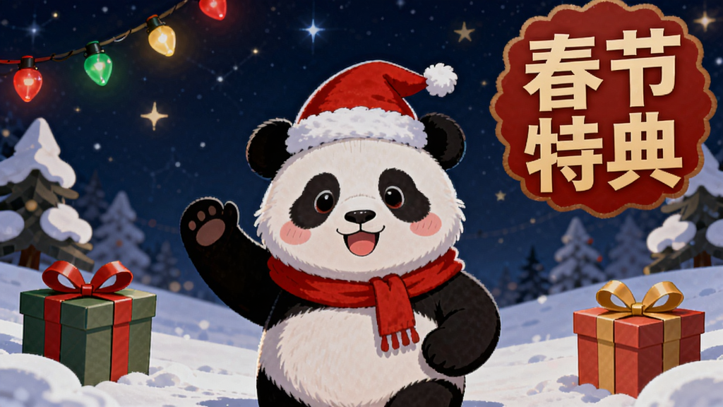 一张节日活动海报风格图片,画面中心是一只穿着圣诞帽的熊猫站在雪地中,周围是彩灯与礼物盒,背景是夜晚的星空,右上角显示“春节特典”字样,整体节日氛围浓厚