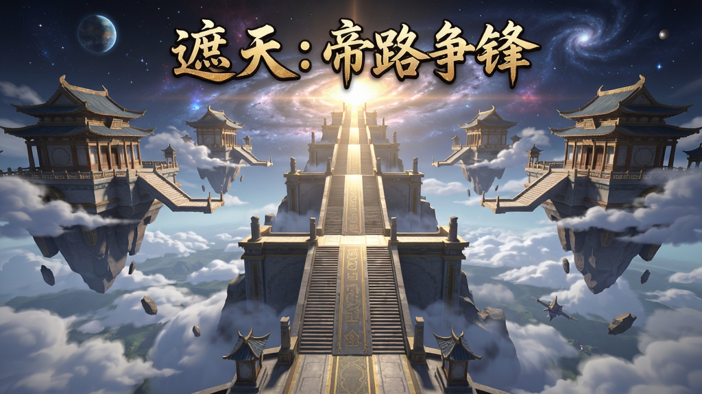 一幅展现遮天:帝路争锋游戏主城俯瞰全景的3D渲染图,画面中央是宏伟的帝路阶梯,两侧悬浮着仙气缭绕的宫殿,背景有星辰宇宙,游戏标题“遮天:帝路争锋”以金色字体悬浮于画面顶部,整体风格玄幻史诗,明亮色调,细节丰富