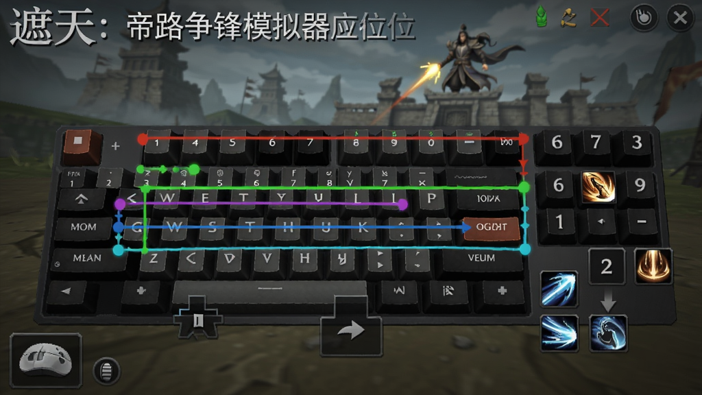 遮天:帝路争锋模拟器键位设置示意图,画面中显示游戏界面与键盘映射的彩色提示线,WASD控制移动,技能键位对应数字键,左下角有鼠标滚轮缩放提示