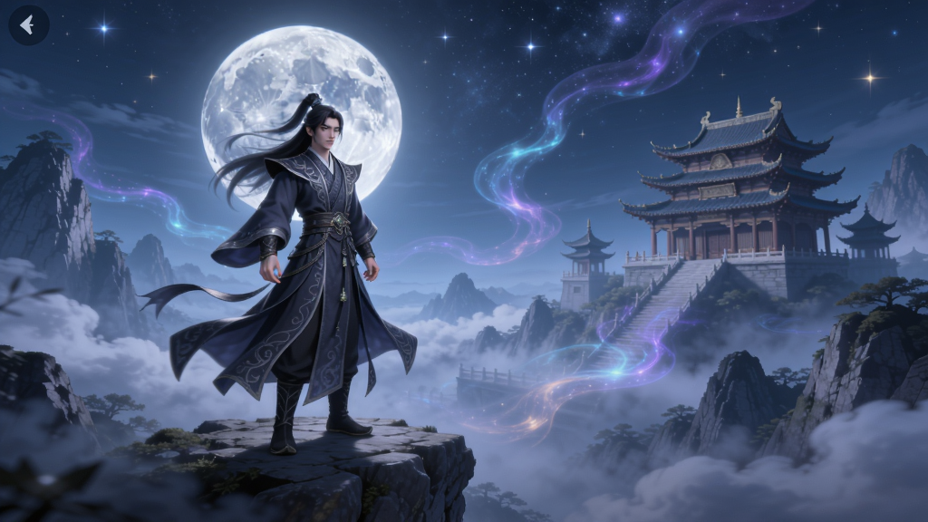 玄影仙侠角色扮演手游全景预览图,画面中一位身披玄色长袍的修仙者站在云雾缭绕的山巅,背后一轮明月,远处有飞檐斗拱的仙宫,背景是浩瀚星空与流动的灵气光带,整体色调以冷蓝和紫色为主,光影层次丰富,细节精致,适配Boogu模型生成