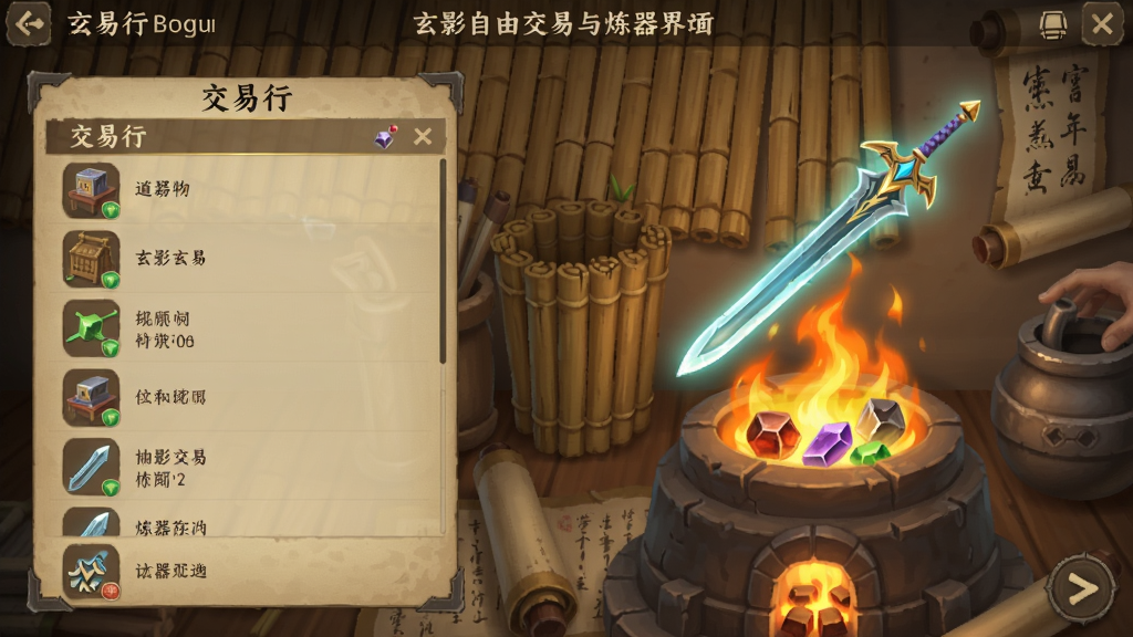 玄影自由交易与炼器界面,左侧是交易行物品列表,右侧是炼器炉正在熔炼材料,火焰中悬浮着一把发光的仙剑,界面设计古朴素雅,背景有竹简和卷轴装饰,色彩温暖,适配Boogu模型生成