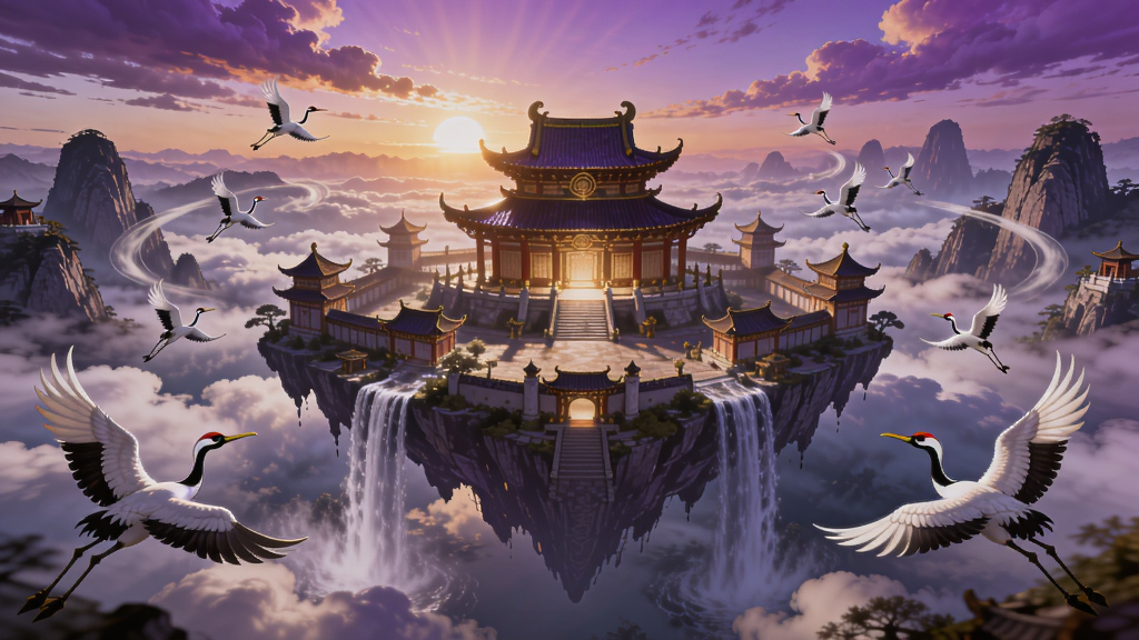 玄影游戏主城全景图,画面中心是一座悬浮在云海中的巨大仙宫,周围有飞流直下的瀑布和盘旋的仙鹤,背景是绚丽的晚霞与层叠的山峦,整体色调以紫金为主,光影效果强烈,展现东方玄幻世界的宏大与神秘。Boogu模型生成。