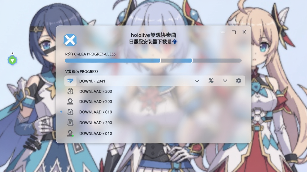 hololive梦想协奏曲日服安装器下载管理界面,显示当前进度条和已下载版本列表,背景为游戏角色立绘,界面采用磨砂玻璃效果,色彩柔和