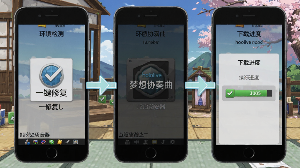 hololive梦想协奏曲日服安装器操作步骤演示图,手机屏幕分步显示环境检测、一键修复、下载进度等界面,搭配箭头指示,背景为日式游戏场景