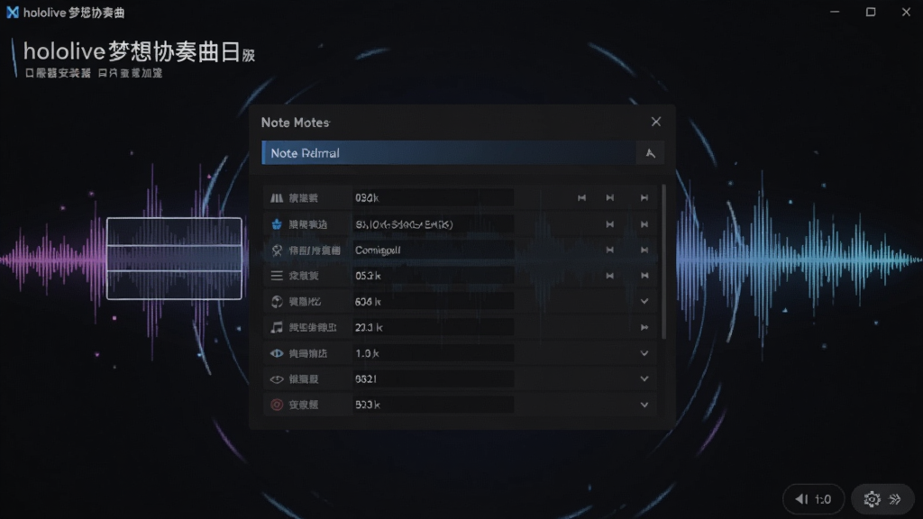 hololive梦想协奏曲日服安装器网络加速界面,显示节点选择列表与延迟数值,背景为游戏音乐律动波形,动态感强,深色主题
