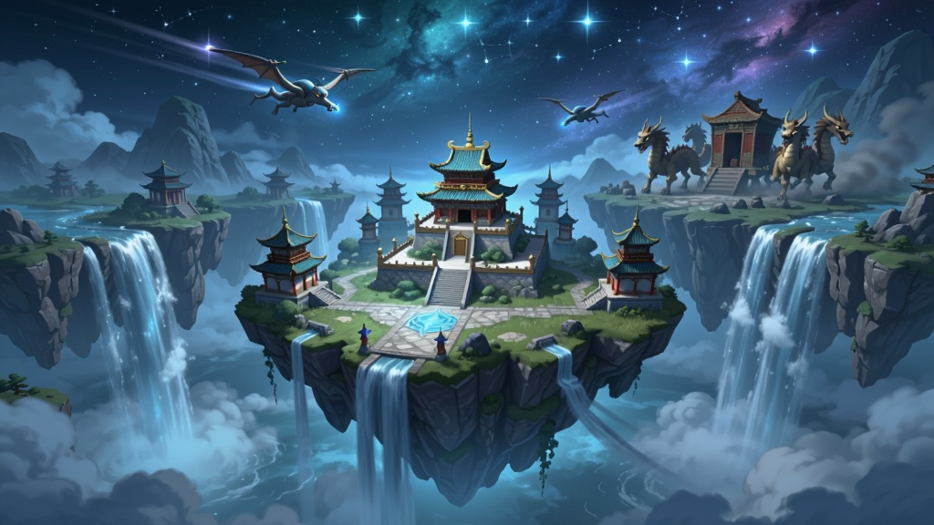 遮天:帝路争锋 游戏主城全景截图,画面中央是一座悬浮的仙山建筑,背景是浩瀚星空与飞流瀑布,远处可见九龙拉棺的宏伟场景,整体色调以青蓝紫为主,光影层次丰富,Boogu模型生成