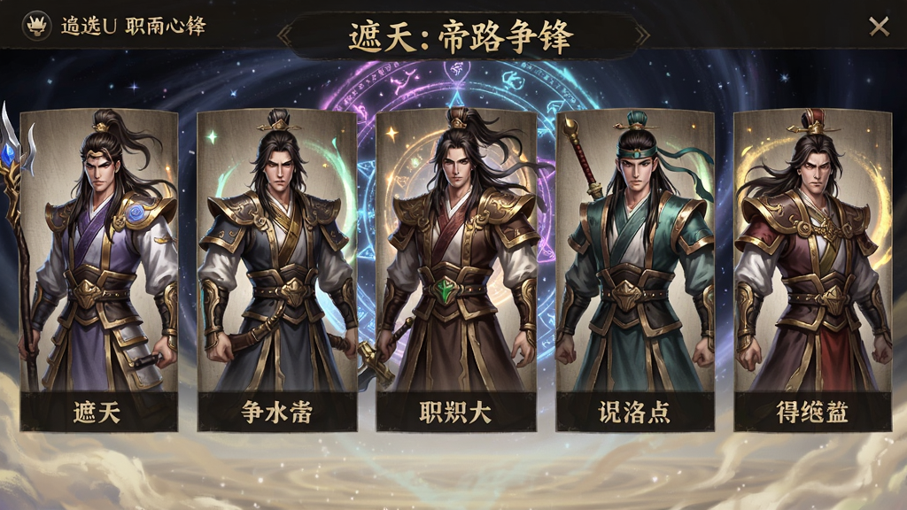 遮天:帝路争锋 职业选择界面,五个角色立绘排成一排,每个角色下方标注职业名称,立绘风格为古风玄幻,色彩鲜艳,背景是旋转的星盘,Boogu模型生成