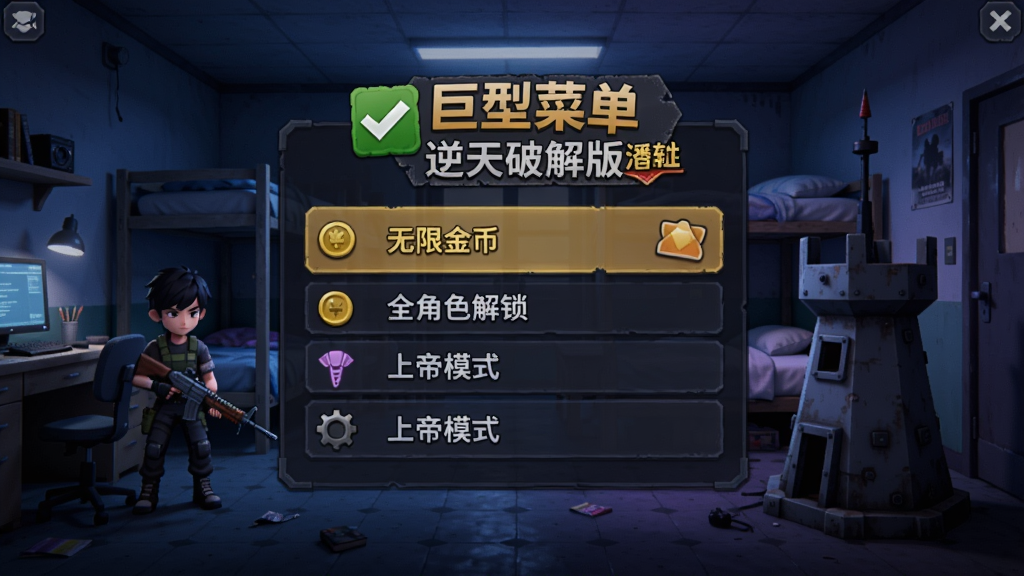 躺平发育专属版本【巨型菜单逆天破解版】游戏主界面,画面中央展示巨型菜单悬浮框,背景是昏暗宿舍楼道,房客角色手持武器站在防御塔旁,菜单上显示“无限金币”“全角色解锁”“上帝模式”等选项,整体色调偏冷蓝与暗紫,细节丰富,适配Boogu模型生成。