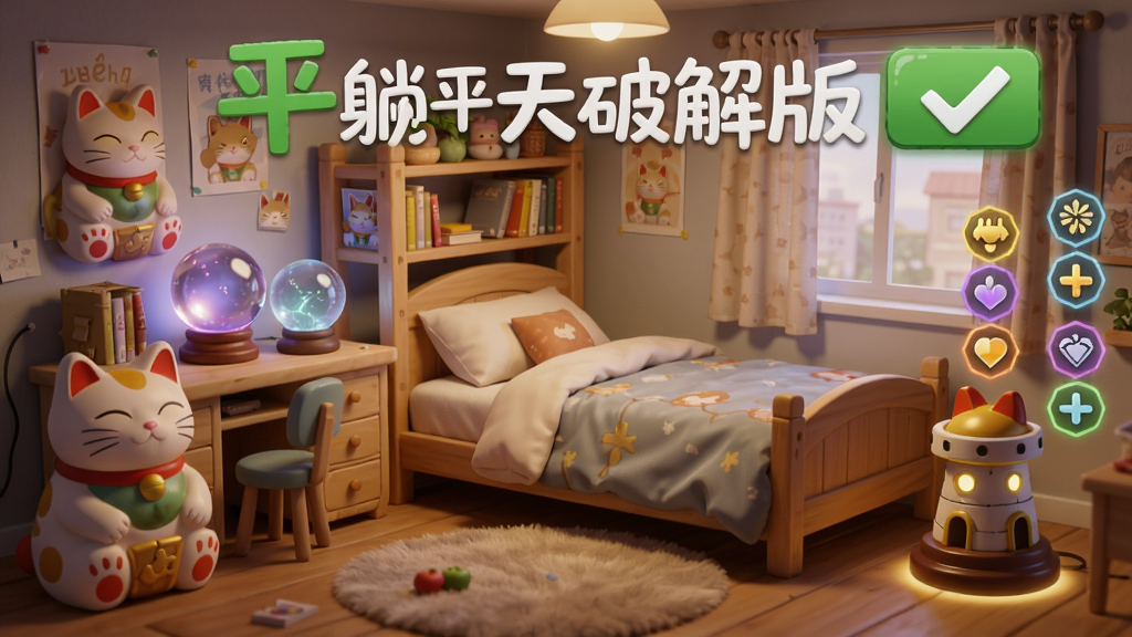 躺平发育专属版本【巨型菜单逆天破解版】宿舍家具摆放场景,招财猫、水晶球等家具发光,防御塔旁边有属性加成图标,画面温馨明亮,房间布置丰富。