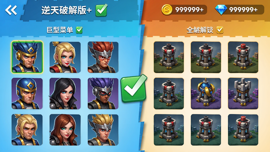躺平发育专属版本【巨型菜单逆天破解版】角色与防御塔全解锁展示界面,左侧列出所有角色,右侧展示防御塔皮肤,金币钻石数量显示为999999+,界面风格简约清晰,色彩明亮。