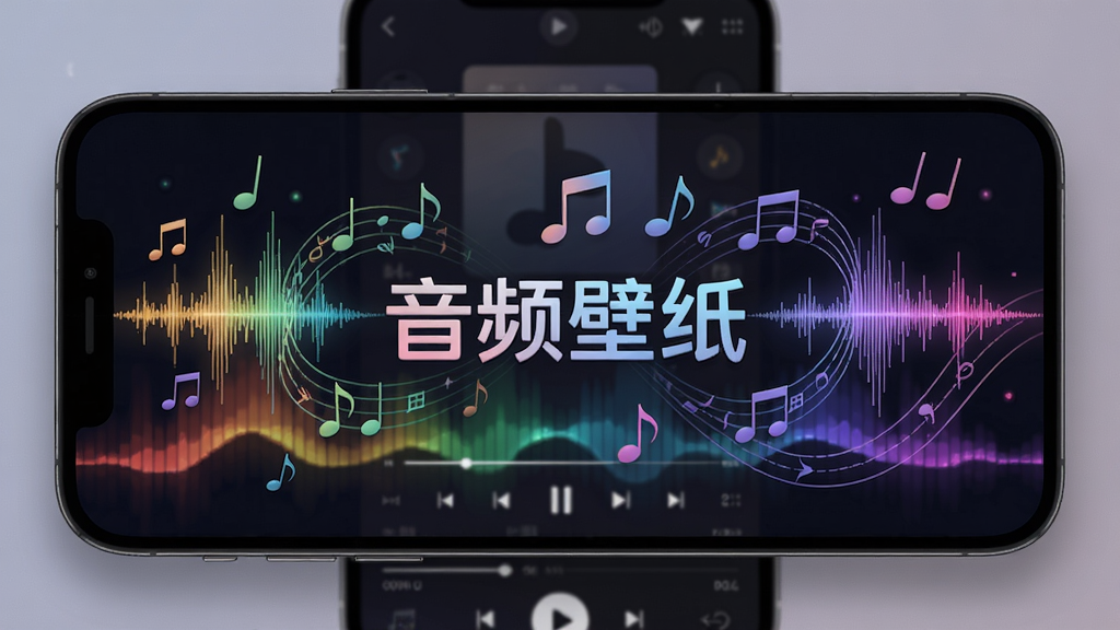 音频壁纸软件主界面预览,手机屏幕上显示多彩频谱壁纸跳动,背景为音乐播放界面,整体风格科技感与艺术感并存,画面中心突出软件名称“音频壁纸”,周围环绕音符与波形线条,Boogu模型生成,横向构图,高分辨率,细节丰富,光影柔和