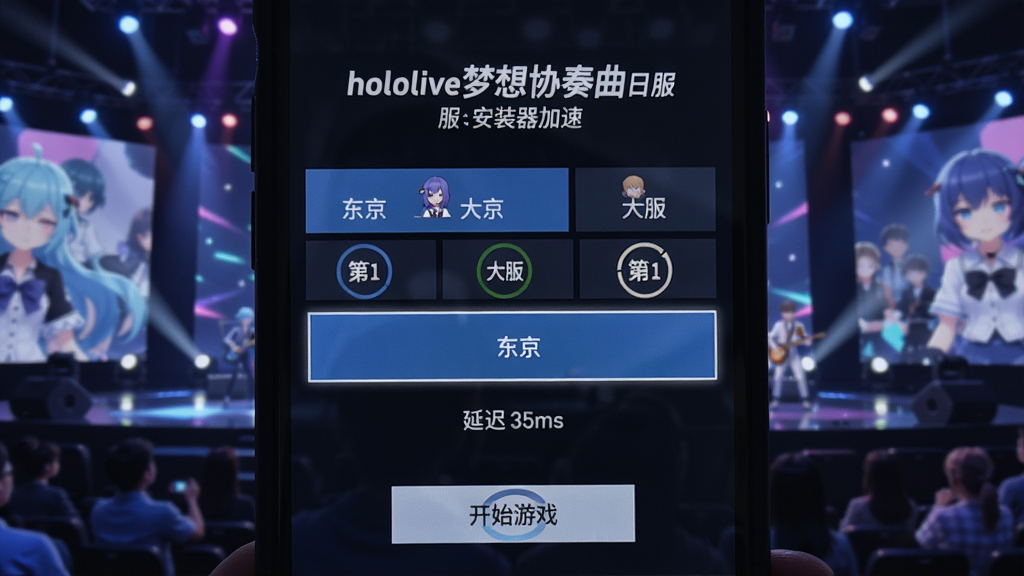 手机屏幕上显示hololive梦想协奏曲日服安装器加速界面,有多个节点按钮(东京、大阪等),当前选中东京节点,延迟显示35ms,下方是“开始游戏”按钮,背景是游戏内舞台灯光效果。