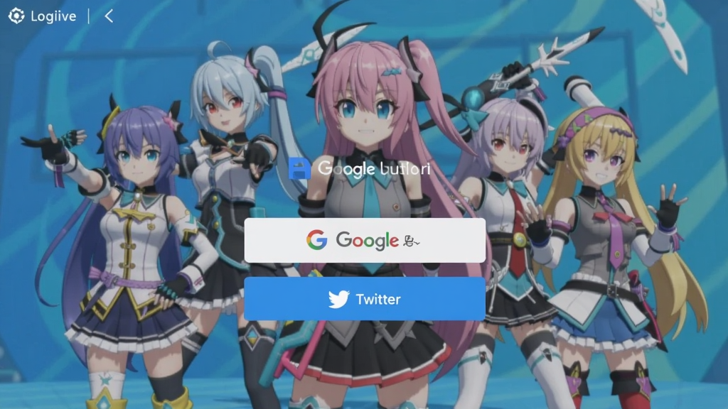 游戏登录界面示意图,显示Google账号登录按钮和Twitter登录按钮,背景是hololive角色集体演出画面,色调明亮活泼。