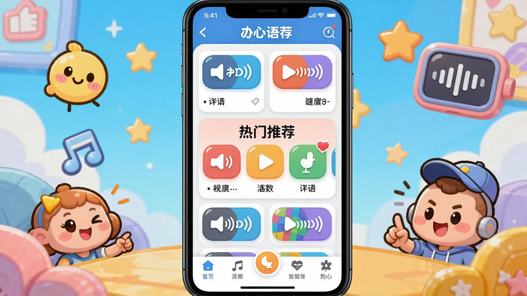 搞笑dream语音盒主界面,手机屏幕显示丰富的语音包列表,背景为卡通风格,色彩明亮活泼,画面中央有“热门推荐”板块,底部导航栏清晰,整体氛围轻松愉快