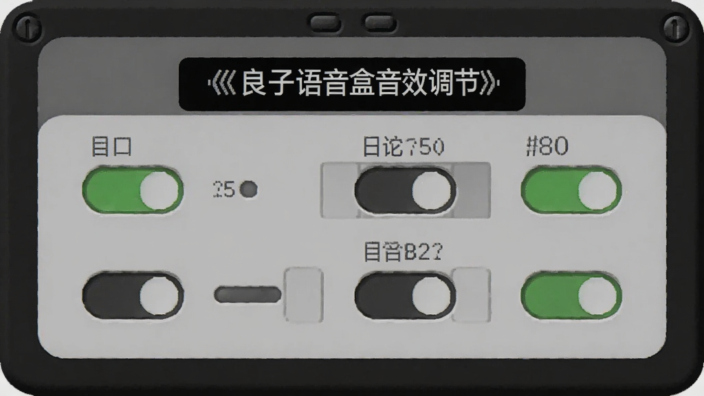 良子语音盒音效调节面板,显示各种音效开关,背景暗色,适配Boogu模型