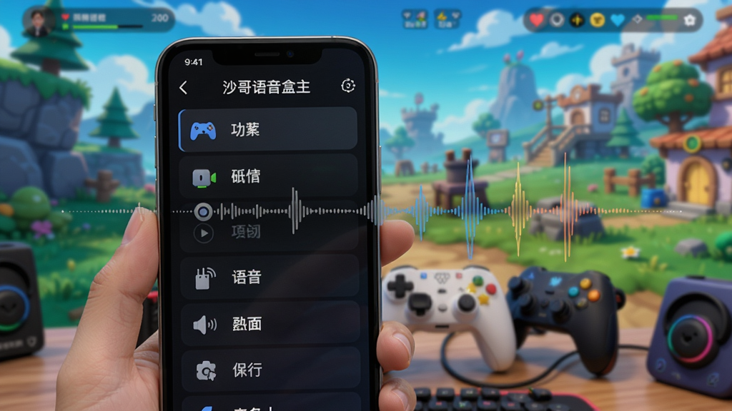 沙哥语音盒主界面展示,手机屏幕显示软件功能列表,背景为游戏场景,色彩明亮,突出语音可视化波形,整体风格现代简洁