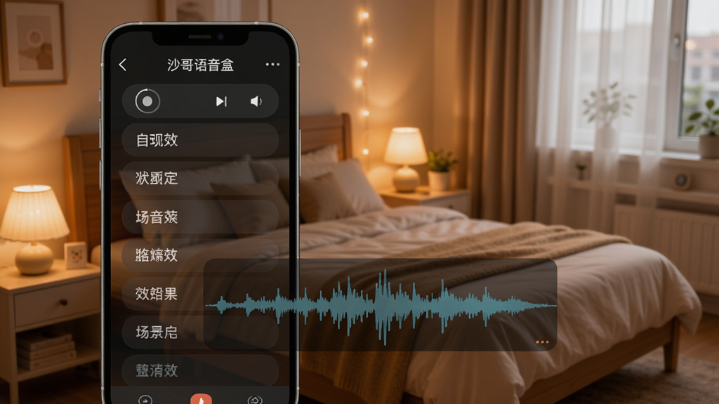 沙哥语音盒背景音效选择界面,列表展示各种场景名称,手机屏幕上显示当前播放的音效波形,背景为温馨卧室场景