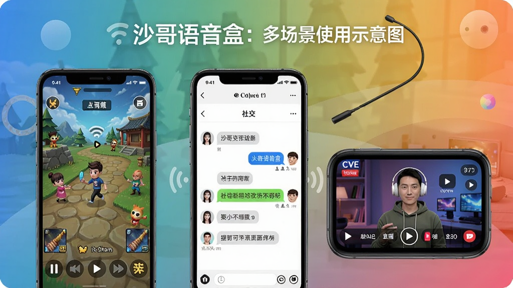沙哥语音盒多场景使用示意图,手机分别显示游戏界面、社交聊天界面、直播界面,背景融合渐变,突出多功能特性
