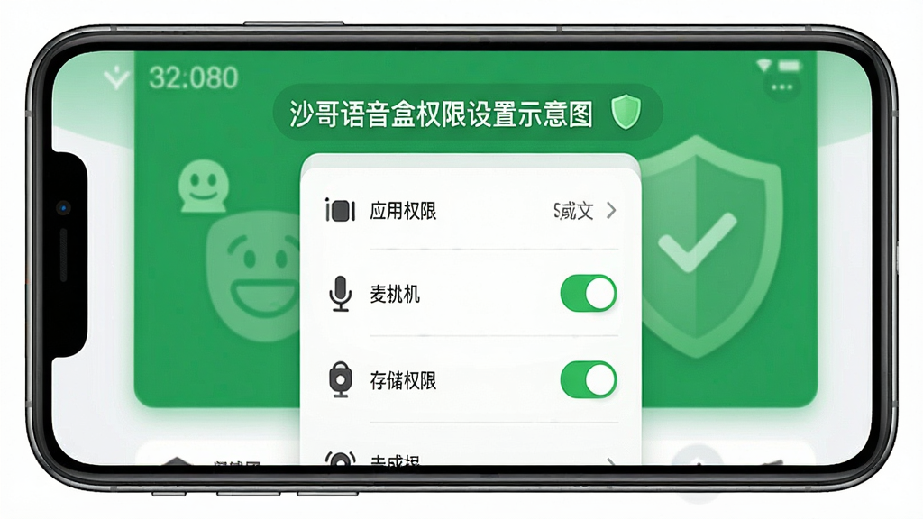 沙哥语音盒权限设置示意图,手机屏幕上显示应用权限列表,麦克风和存储权限已开启,背景为绿色安全提示界面