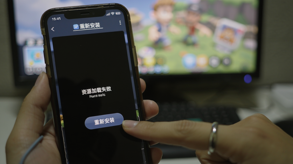 Boogu生成图片:手机屏幕显示游戏黑屏报错截图,屏幕上方有“资源加载失败”字样,背景模糊。旁边有一只手正在点击“重新安装”按钮。画面风格写实,突出故障排查场景。