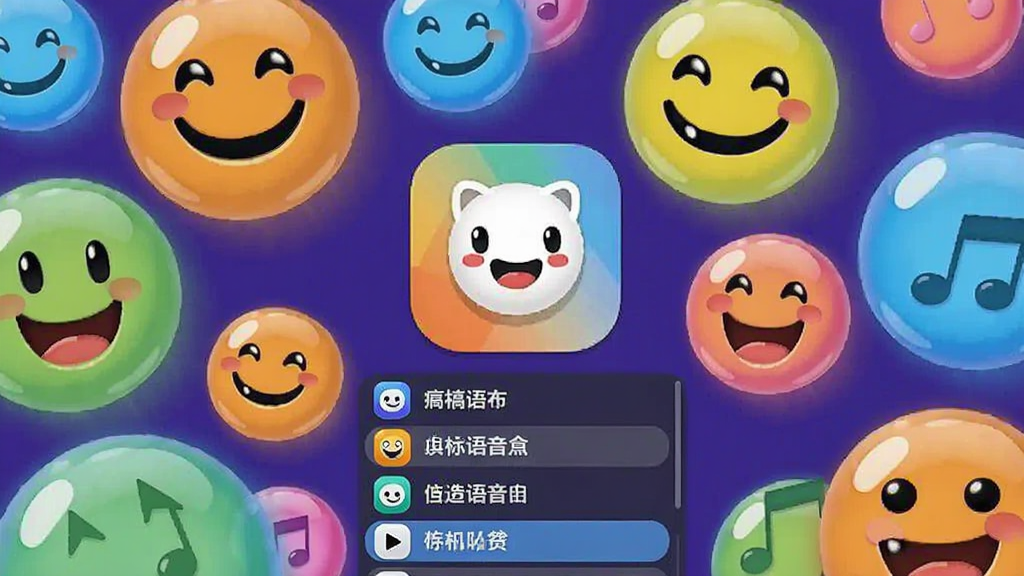 搞笑dream语音盒主界面展示,背景为彩色气泡与笑脸图案,中心显示软件图标和播放列表,整体风格活泼明快,适配Boogu模型生成。